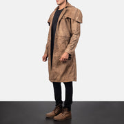 
Distressed Brown Semi-Aniline Snuffed Trench Coat - უკანა ხედი გამოკვეთილი მხრებით და სუფთა დაბოლოებით