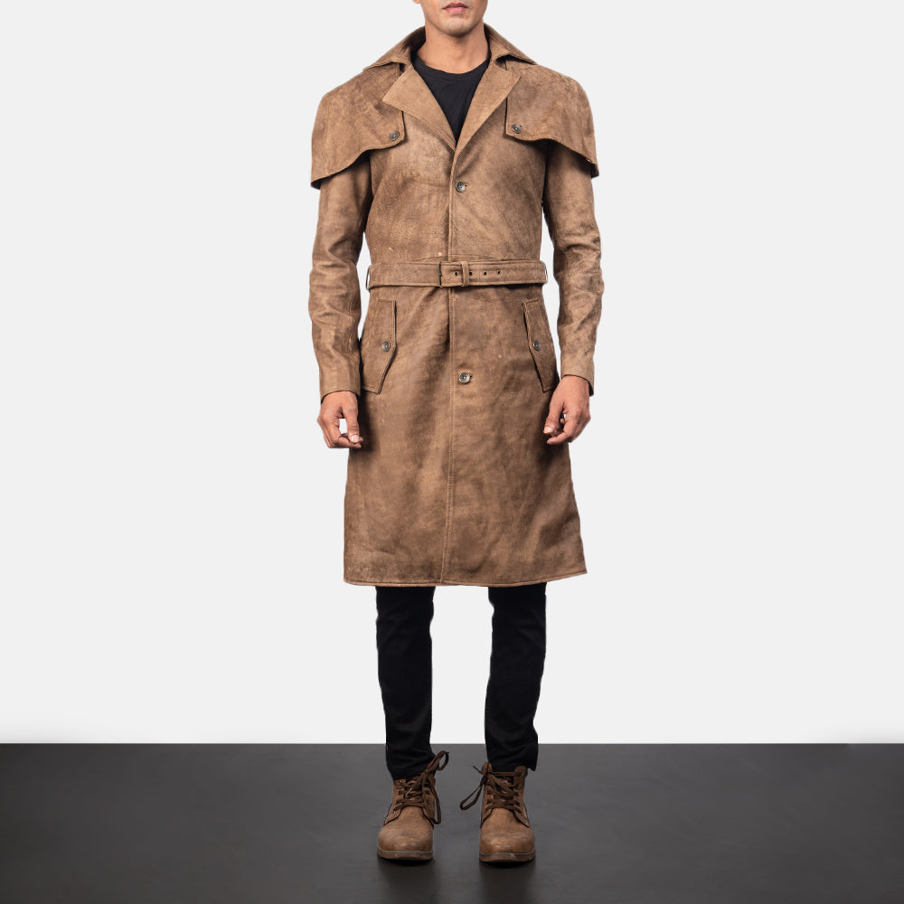 
ახლო ხედი of Classic Collar & Buttons + Belt Hardware on Deux ყავისფერი Leather Duster მამაკაცის
