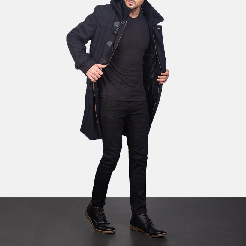 Drake შავი Wool Hooded Duffle ტყავის პალტო მამაკაცის