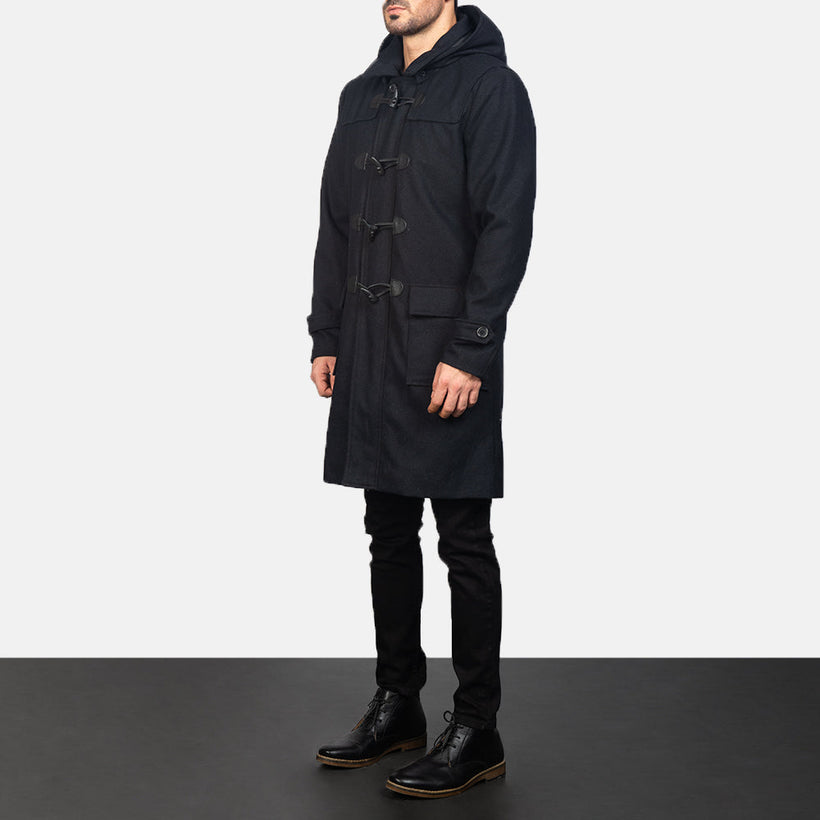 Drake შავი Wool Hooded Duffle ტყავის პალტო მამაკაცის