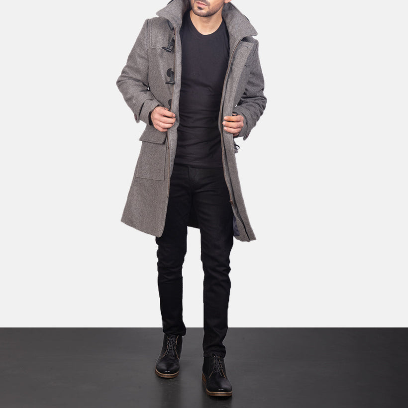 Drake Grey Wool Hooded Duffle ტყავის პალტო მამაკაცის