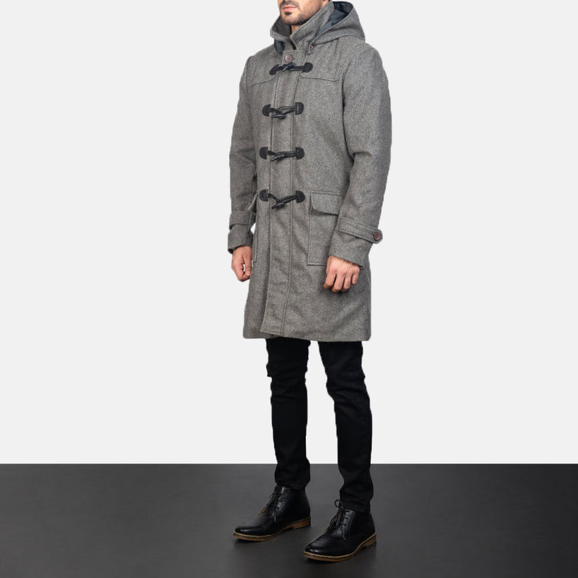 Drake Grey Wool Hooded Duffle ტყავის პალტო მამაკაცის