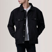 Eddie შავი Oversized Denim Trucker ტყავის ქურთუკი მამაკაცის For Men in Black Full-Grain Leather - Front Profile View &amp; Tailored Silhouette | Buy Online