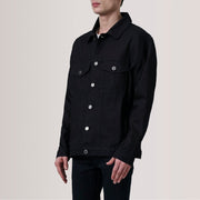 Eddie შავი Oversized Denim Trucker ტყავის ქურთუკი მამაკაცის For Men - Lateral Side Profile View Showing Sleeve Cut &amp; Athletic Taper Fit