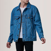 
Eddie Dark ლურჯი Oversized Denim Trucker ტყავის ქურთუკი მამაკაცის For Men in Dark Blue Full-Grain Leather - წინა ხედი და მორგებული სილუეტი | შეიძინეთ ონლაინ