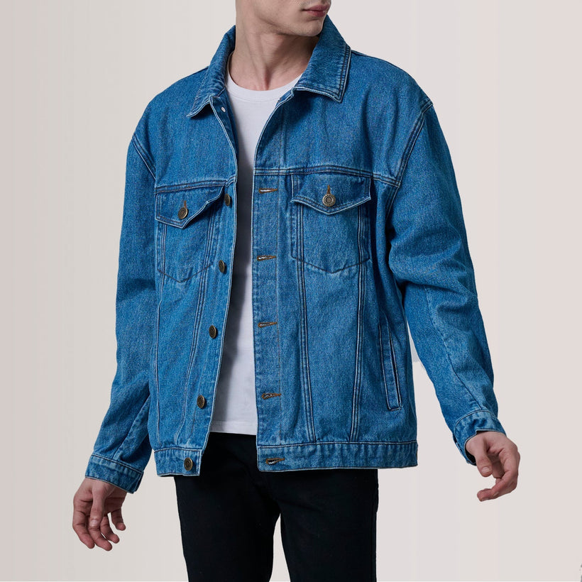 Eddie Dark Blue Oversized Denim Trucker ტყავის ქურთუკი მამაკაცის