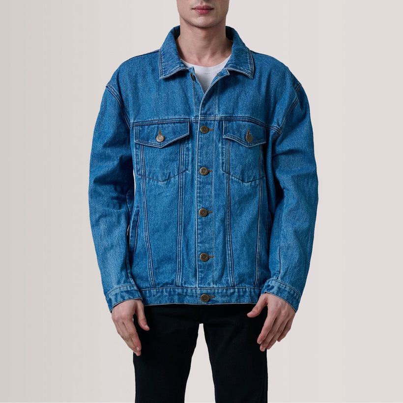 Eddie Dark Blue Oversized Denim Trucker ტყავის ქურთუკი მამაკაცის