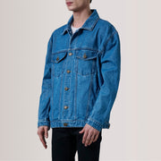 
Eddie Dark ლურჯი Oversized Denim Trucker ტყავის ქურთუკი მამაკაცის For Men - გვერდითი პროფილი ერგონომიული სახელოს ჭრით