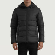 
Erico შავი Hooded Puffer ტყავის ქურთუკი მამაკაცის შავი ნატურალური ხარის ტყავით - წინა ხედი და მორგებული სილუეტი | შეიძინეთ ონლაინ