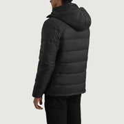 
ახლო ხედი of Classic Collar & Zipper With Wind Flap Hardware on Erico შავი Hooded Puffer ტყავის ქურთუკი მამაკაცის