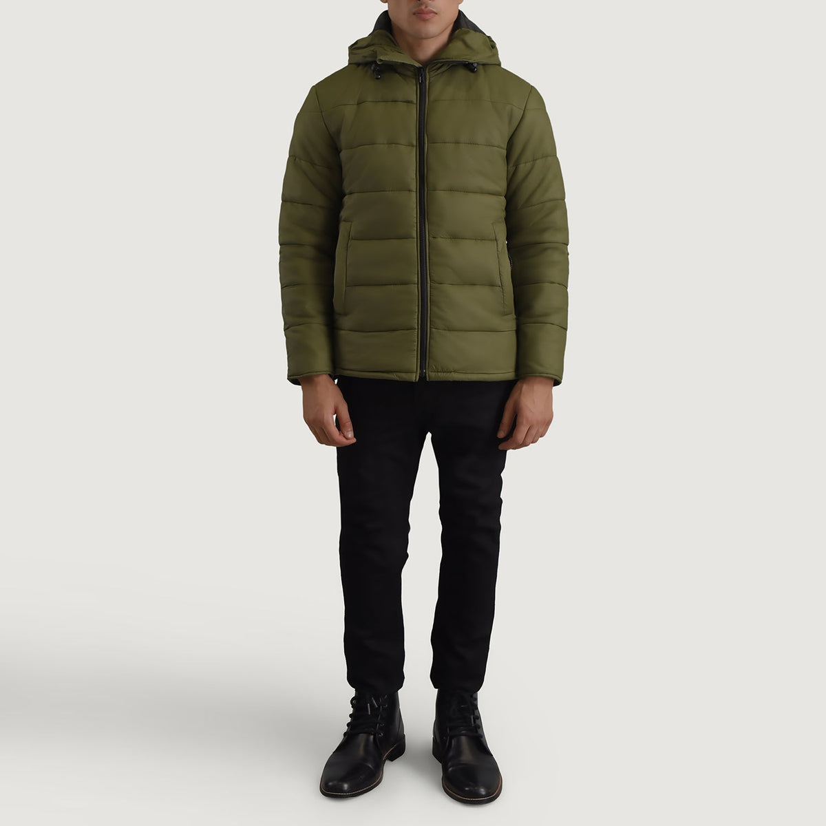 
Erico მწვანე Hooded Puffer ტყავის ქურთუკი მამაკაცის - გვერდითი პროფილი ერგონომიული სახელოს ჭრით