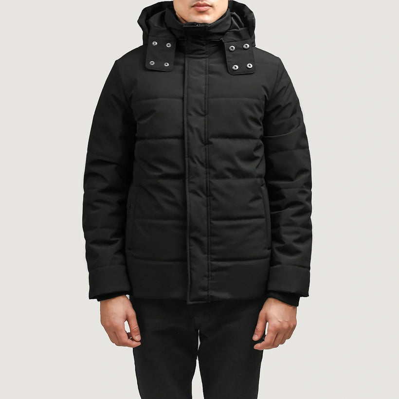 Exton შავი Hooded Down Puffer ტყავის ქურთუკი მამაკაცის