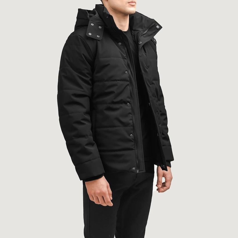 Exton შავი Hooded Down Puffer ტყავის ქურთუკი მამაკაცის