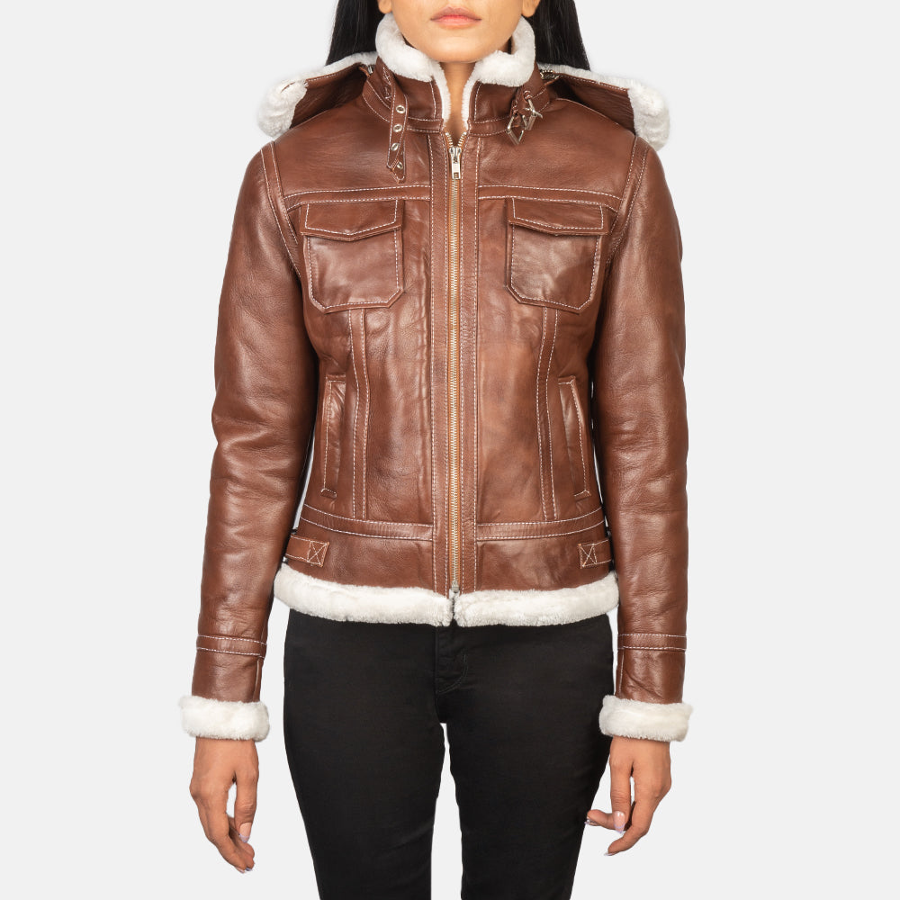 
Fiona Brown Hooded Shearling Leather Jacket in Brown Sheepskin Snuffed - წინა ხედი და მორგებული სილუეტი | შეიძინეთ ონლაინ