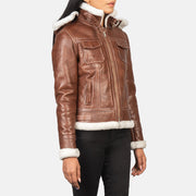 
ახლო ხედი of High Neck with Belt & Zipper Hardware on Fiona Brown Hooded Shearling Leather Jacket