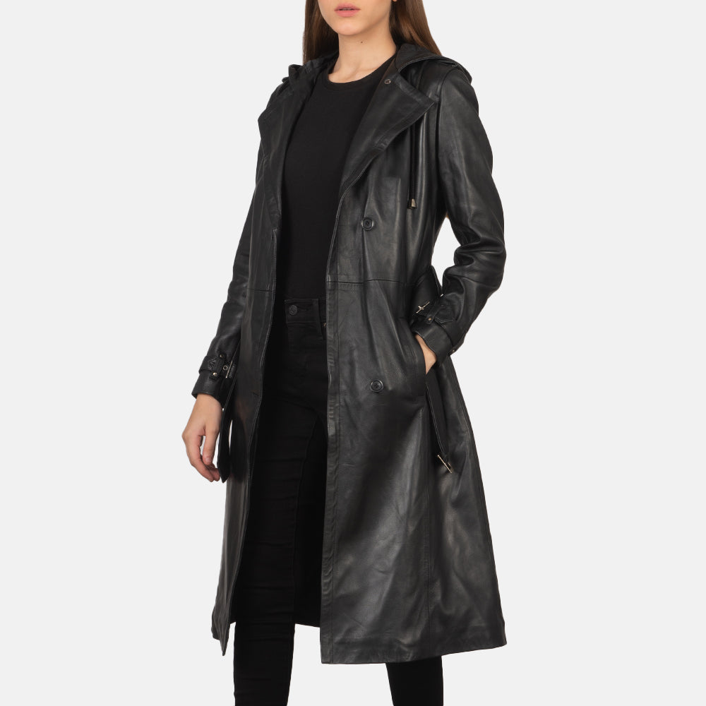 
Fixon Hooded შავი ტყავის ტრენჩი ქალის in Black Sheepskin Leather - წინა ხედი და მორგებული სილუეტი | შეიძინეთ ონლაინ