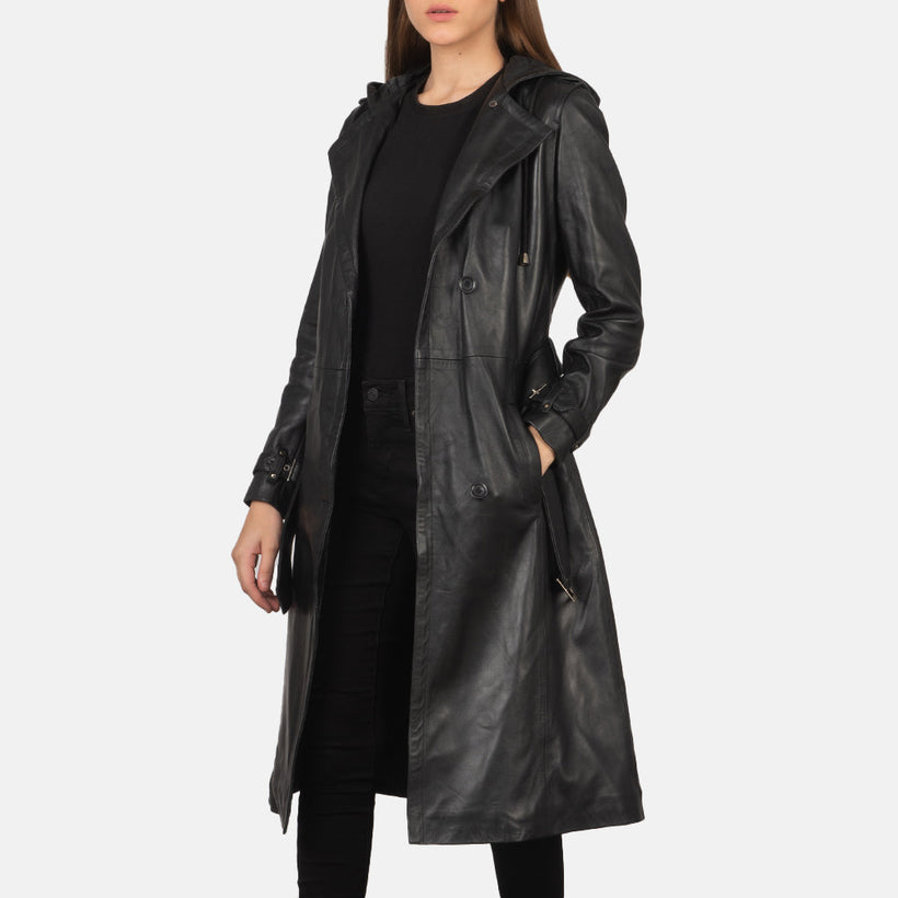 Fixon Hooded შავი Trench Coat ქალის