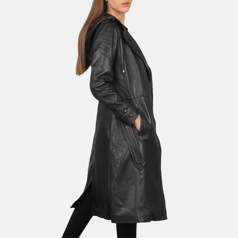 
Black Sheepskin Leather Trench Coat - უკანა ხედი გამოკვეთილი მხრებით და სუფთა დაბოლოებით
