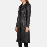 
ახლო ხედი of Hooded & Button + Belt Hardware on Fixon Hooded შავი ტყავის ტრენჩი ქალის