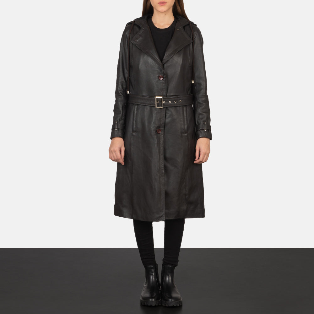 
Fixon Hooded ყავისფერი ტყავის ტრენჩი ქალის - გვერდითი პროფილი ერგონომიული სახელოს ჭრით