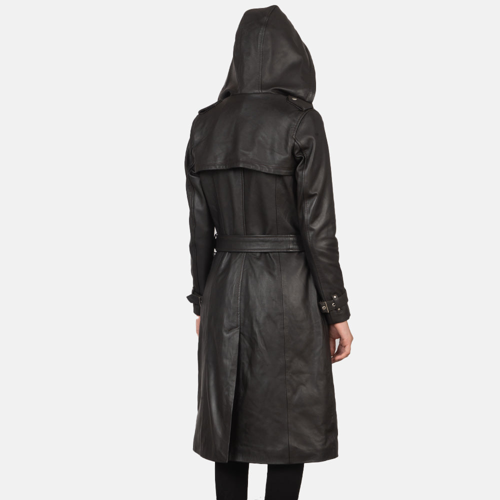 
ახლო ხედი of Hooded & Button + Belt Hardware on Fixon Hooded ყავისფერი ტყავის ტრენჩი ქალის