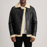 
Francis B-3 Black Leather Bomber Jacket in Black Sheepskin Leather - წინა ხედი და მორგებული სილუეტი | შეიძინეთ ონლაინ