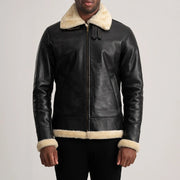 
ახლო ხედი of Buckled Collar & Zipper Hardware on Francis B-3 Black Leather Bomber Jacket