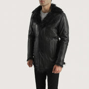 
Black Sheepskin Leather Aviator Jacket - უკანა ხედი გამოკვეთილი მხრებით და სუფთა დაბოლოებით