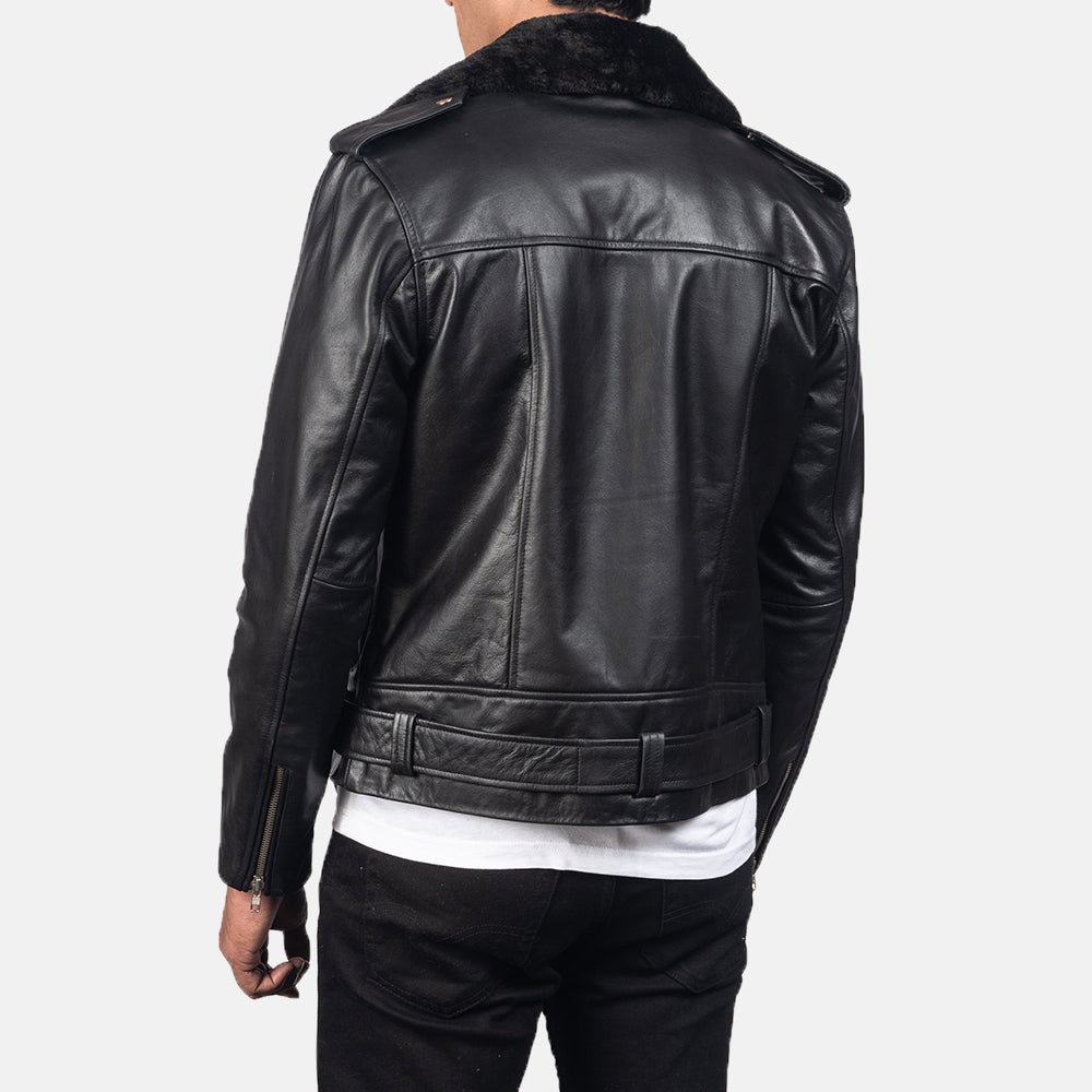 
ახლო ხედი of Notch with Removable Fur & Zipper with Waist belt Hardware on Furton Black Leather Biker Jacket