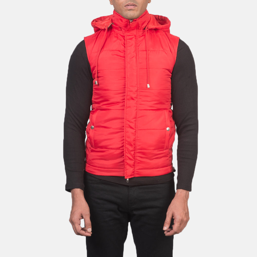 
ახლო ხედი of Band with Removable Hood & Zipper with dual puller and wind flap Hardware on Fuston წითელი კაპიუშონიანი დათბილული ჟილეტი მამაკაცის