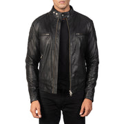 
Gatsby Quilted Black Leather Biker Jacket in Black Goatskin Leather - წინა ხედი და მორგებული სილუეტი | შეიძინეთ ონლაინ