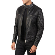 
Black Goatskin Leather Biker Jacket - უკანა ხედი გამოკვეთილი მხრებით და სუფთა დაბოლოებით