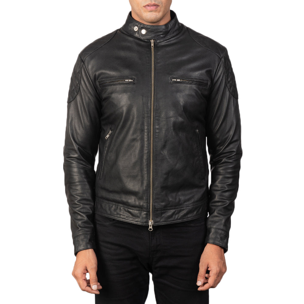 
ახლო ხედი of Band with snap buttons & Zipper Hardware on Gatsby Quilted Black Leather Biker Jacket