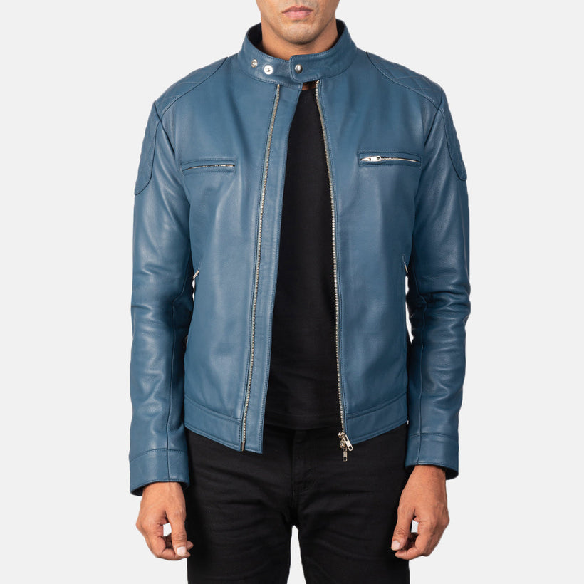 Gatsby Blue ტყავის ბაიკერის ქურთუკი მამაკაცის