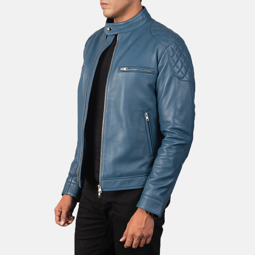 Gatsby Blue ტყავის ბაიკერის ქურთუკი მამაკაცის