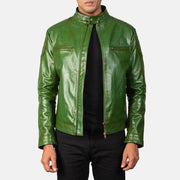 
Gatsby Quilted Green Leather Biker Jacket in Green Sheepskin Burnishing - წინა ხედი და მორგებული სილუეტი | შეიძინეთ ონლაინ