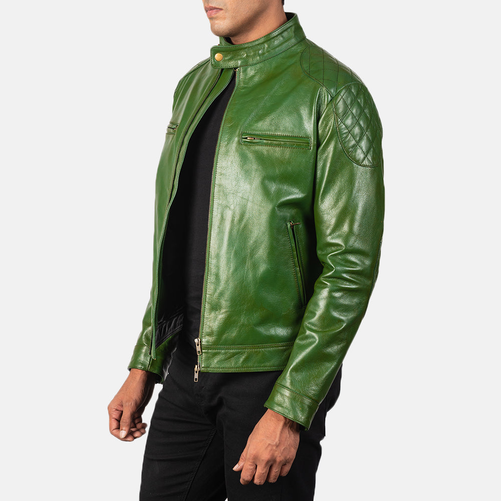 
Green Sheepskin Burnishing Biker Jacket - უკანა ხედი გამოკვეთილი მხრებით და სუფთა დაბოლოებით