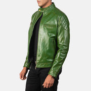 
Green Sheepskin Burnishing Biker Jacket - უკანა ხედი გამოკვეთილი მხრებით და სუფთა დაბოლოებით