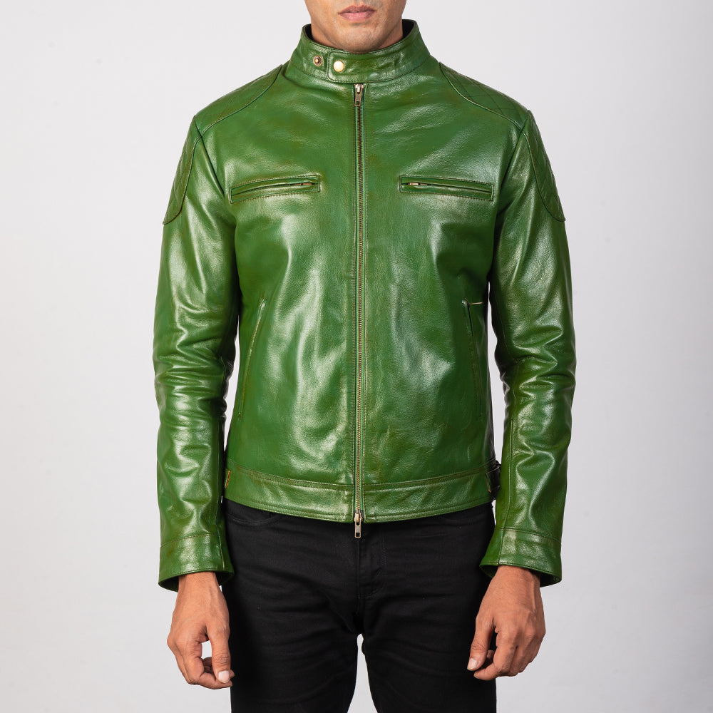 
Gatsby Quilted Green Leather Biker Jacket - გვერდითი პროფილი ერგონომიული სახელოს ჭრით