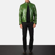 
ახლო ხედი of Band with snap buttons & Zipper Hardware on Gatsby Quilted Green Leather Biker Jacket