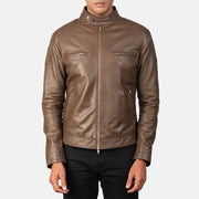 Close-Up Detail of Band with snap buttons &amp; Zipper Hardware on Gatsby Mocha Leather Biker Jacket