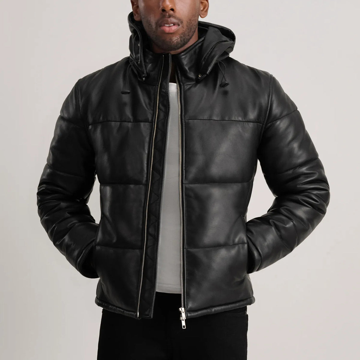 
Gordon Tan Hooded Leather Puffer Jacket in Tan Brown Sheepskin Leather - წინა ხედი და მორგებული სილუეტი | შეიძინეთ ონლაინ