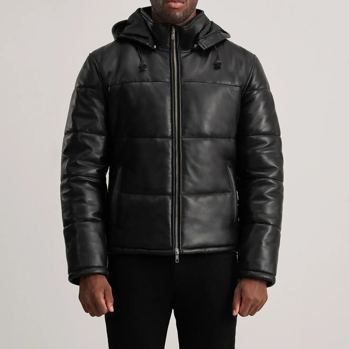 
ახლო ხედი of High neck & Zipper Hardware on Gordon Tan Hooded Leather Puffer Jacket