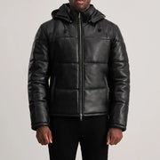 
ახლო ხედი of High neck & Zipper Hardware on Gordon Tan Hooded Leather Puffer Jacket