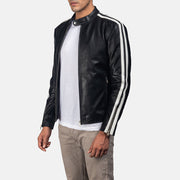 
Black & White Cowhide Leather Biker Jacket - უკანა ხედი გამოკვეთილი მხრებით და სუფთა დაბოლოებით
