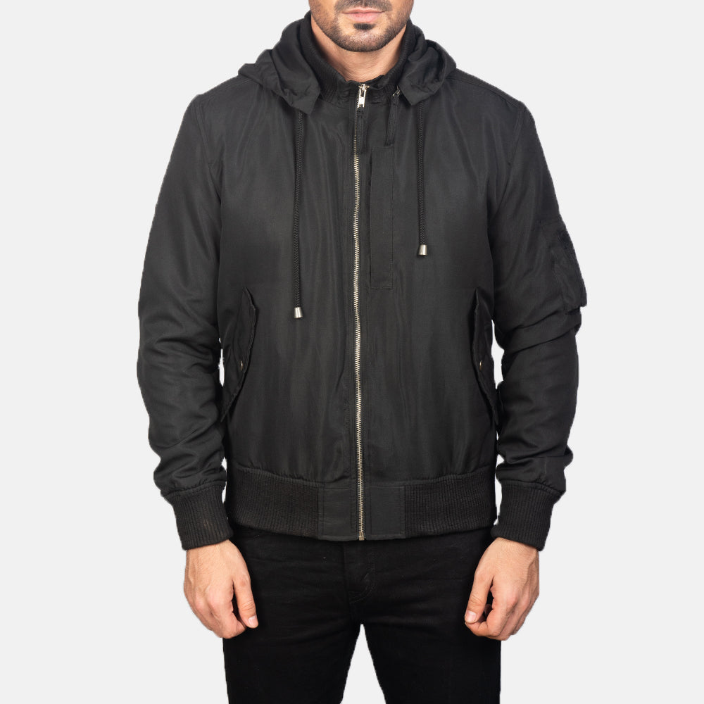 
ახლო ხედი of Knit Rib with Removable Polyester Hood & Zipper Hardware on Hanklin Ma-1 Black Hooded Bomber Jacket