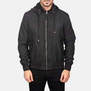 
ახლო ხედი of Knit Rib with Removable Polyester Hood & Zipper Hardware on Hanklin Ma-1 Black Hooded Bomber Jacket