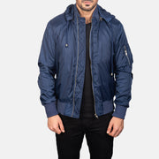 
Blue Hooded Bomber Jacket in Blue Nylon - წინა ხედი და მორგებული სილუეტი | შეიძინეთ ონლაინ