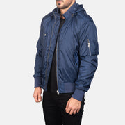 
Blue Nylon Bomber Jacket - უკანა ხედი გამოკვეთილი მხრებით და სუფთა დაბოლოებით