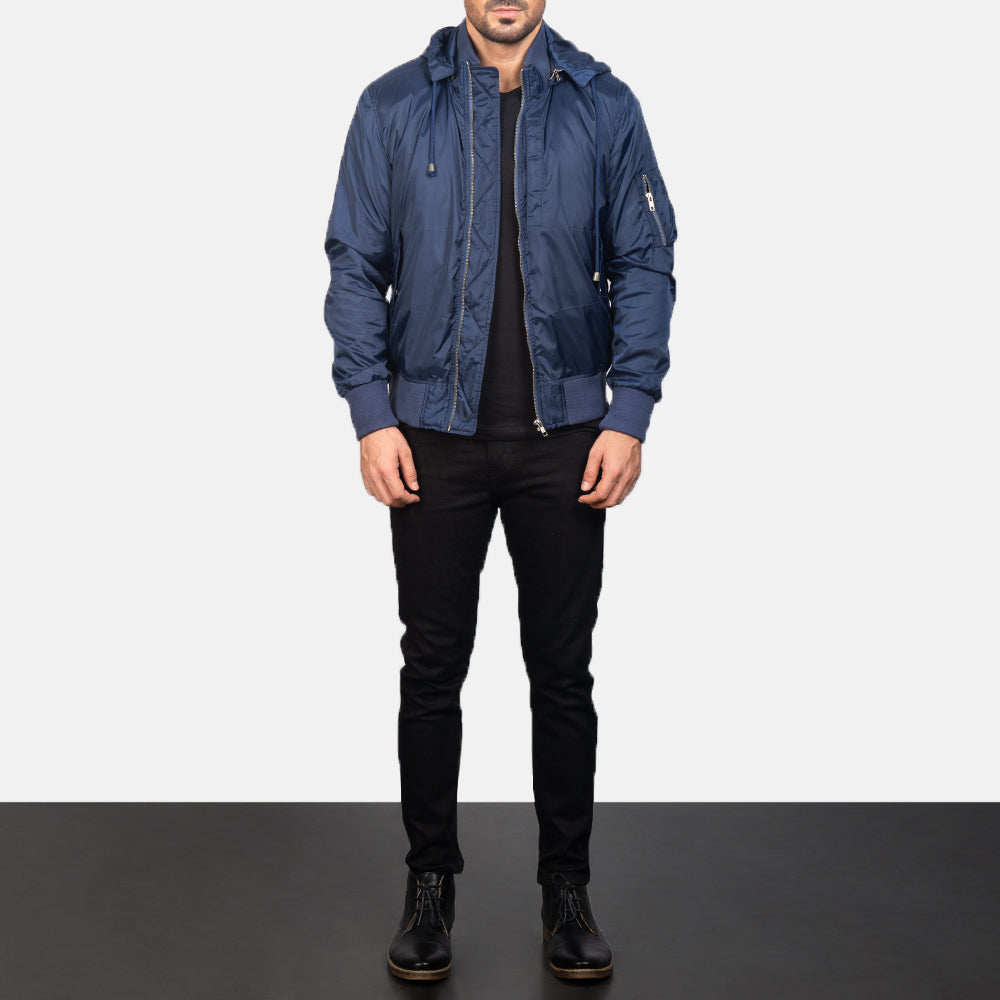 
Blue Hooded Bomber Jacket - გვერდითი პროფილი ერგონომიული სახელოს ჭრით